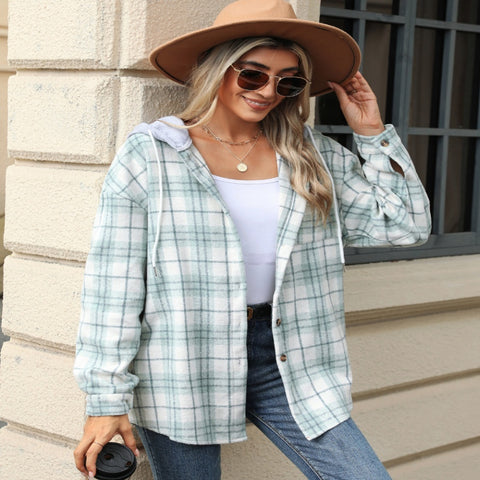 Hooded Multi-button Plaid Long Sleeve Loose Woolen Coat