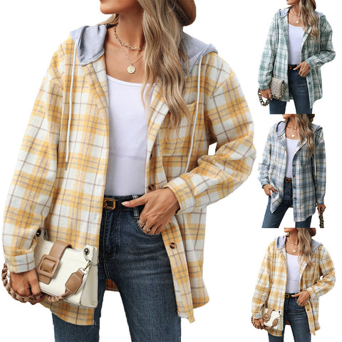 Hooded Multi-button Plaid Long Sleeve Loose Woolen Coat