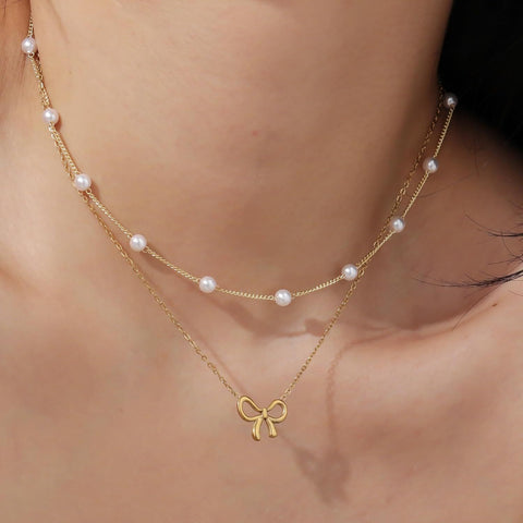 Women's Minimalist And Versatile Pearl Bow Necklace