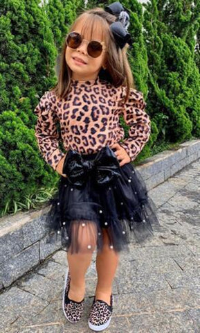 Leopard print long-sleeved lace skirt girl suit