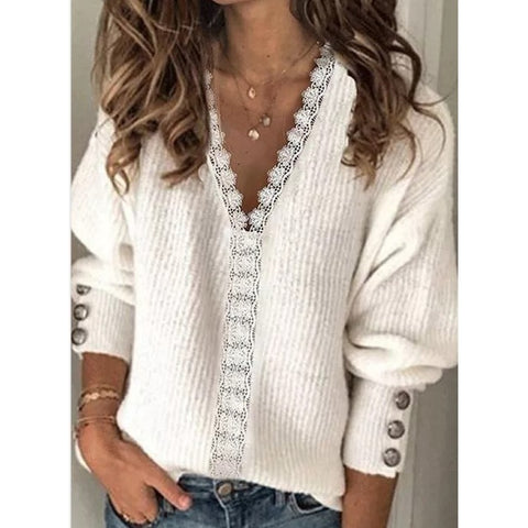 All-match Knitted V-neck Loose Long-sleeved T-shirt