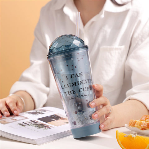 Luminous Creative Coffee Cup Plastic Cup Light Gradient Portable Student Double Straw Water Cup