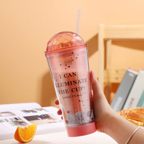 Luminous Creative Coffee Cup Plastic Cup Light Gradient Portable Student Double Straw Water Cup