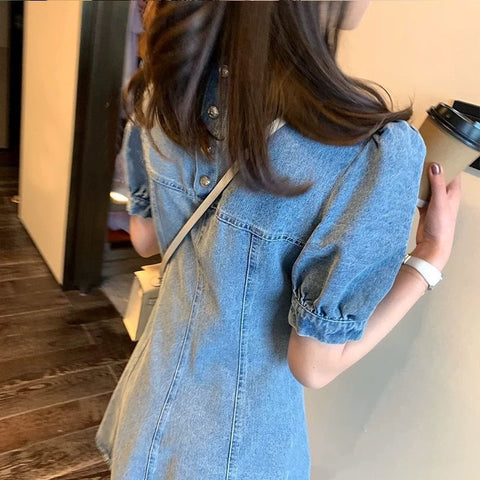 Temperament Waist Short-sleeved Denim Dress Women