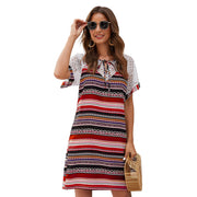 Striped Stitching Lace Hollow Ethnic Short-sleeved Dress Women