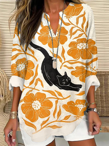 Loose Printed Neck Casual Plus Size Pullover