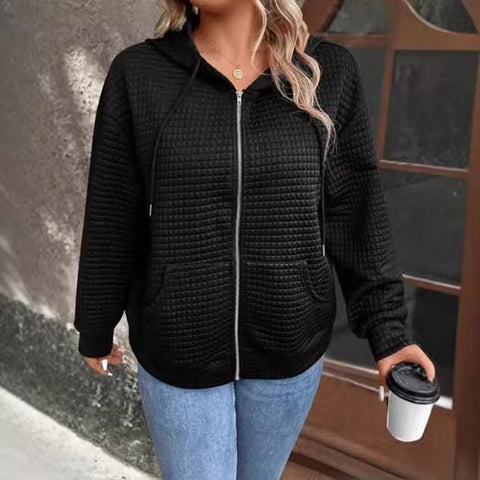 Waffle Hooded Drawstring Long Sleeve Sports Jacket