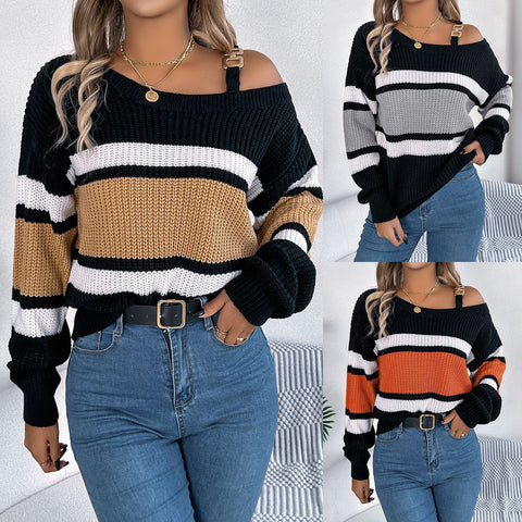 Contrast Color Striped Lantern Sleeve Off-the-shoulder Pullover