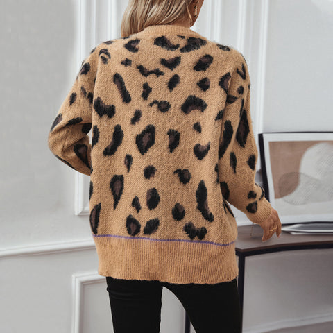 Women's Fashion Leopard Jacquard Brushed Sweater Coat