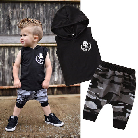 2PCS Toddler Kids Baby Boy Sleeveless Hooded Clothes T-shirt