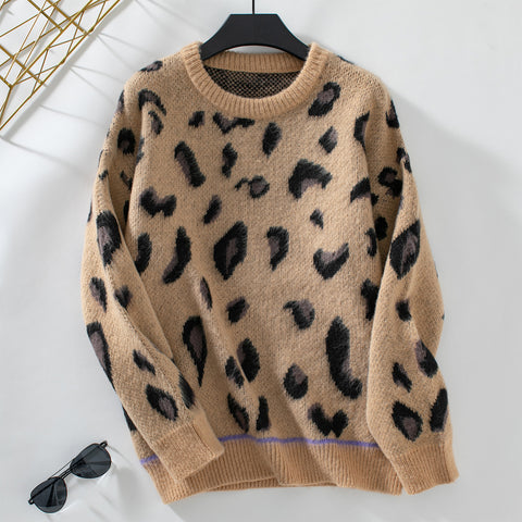 Women's Fashion Leopard Jacquard Brushed Sweater Coat