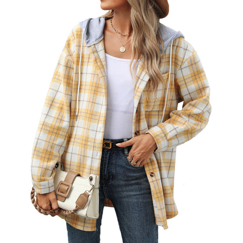 Hooded Multi-button Plaid Long Sleeve Loose Woolen Coat