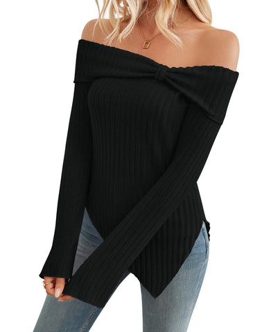 Women's Trendy Knit Ribbed Tops Bow Tie One Shoulder Long Sleeve Sweater Slim Cute Split Shirts Dressy Tops