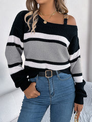 Contrast Color Striped Lantern Sleeve Off-the-shoulder Pullover