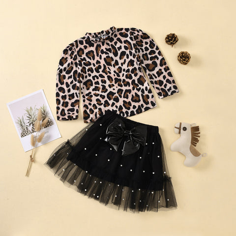 Leopard print long-sleeved lace skirt girl suit