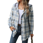 Hooded Multi-button Plaid Long Sleeve Loose Woolen Coat