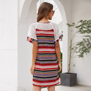 Striped Stitching Lace Hollow Ethnic Short-sleeved Dress Women