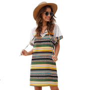 Striped Stitching Lace Hollow Ethnic Short-sleeved Dress Women