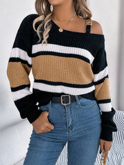 Contrast Color Striped Lantern Sleeve Off-the-shoulder Pullover