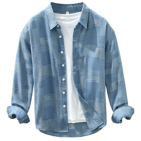 Jacquard Color Matching Casual Denim Long-sleeved Shirt Men's Loose Shirt Coat