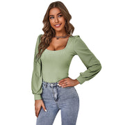 Women's Avocado Green Puff Sleeve Knitted Long-sleeved Top