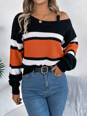 Contrast Color Striped Lantern Sleeve Off-the-shoulder Pullover