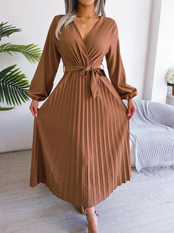 Women Elegant V Neck Long Sleeve Pleated Maxi Dress