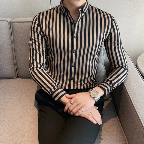 Spring Autumn Men's Long Sleeve Striped Shirt Casual Slim Fit Business Button-Down Shirts Classic Formal Dress Shirt