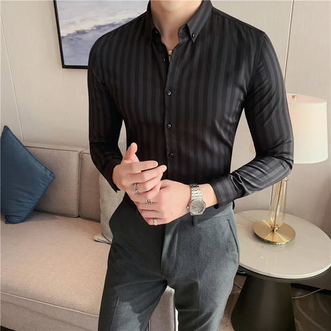 Spring Autumn Men's Long Sleeve Striped Shirt Casual Slim Fit Business Button-Down Shirts Classic Formal Dress Shirt