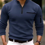 Spring Fashion Zipper Design Polo Shirts 2024 Casual Solid Color O-Neck Tees Pullover Fashion Men Clothing Long Sleeve