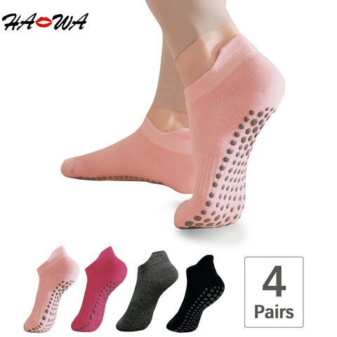 HA WA 4 Pairs/Lot Women Yoga Socks Cotton Silicone Anti-slip Low-ankle Sock Soft Breathable Dance Ballet Fitness Sports Socks