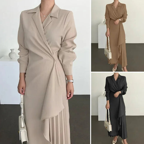 Office Elegant Shirt Long Sleeve Dress Women's Retro Suit Collar Belt Suspender Long Dress