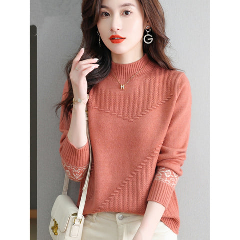 Half Turtleneck Brocade Sweater Loose