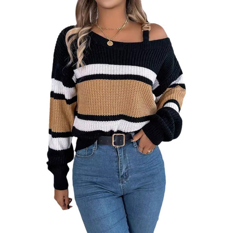 Contrast Color Striped Lantern Sleeve Off-the-shoulder Pullover